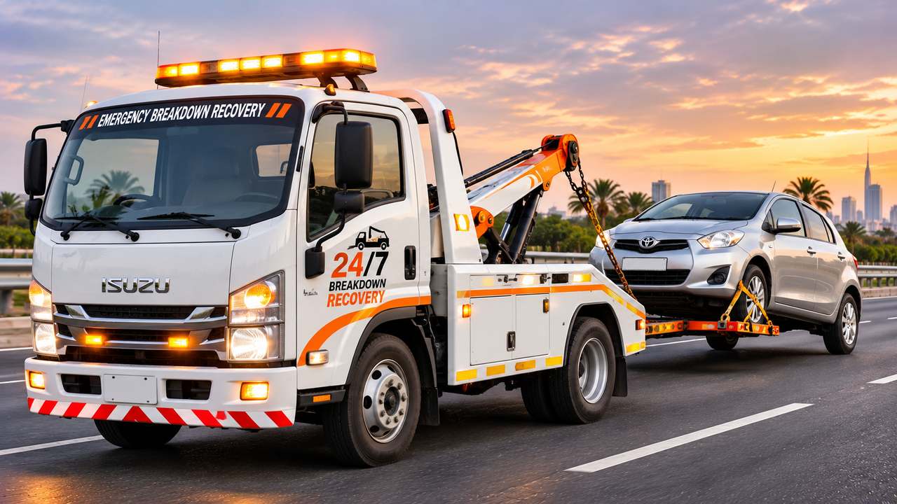 Breakdown Recovery in Sharjah Breakdown recovery truck with flashing lights towing a car at sunset in Sharjah