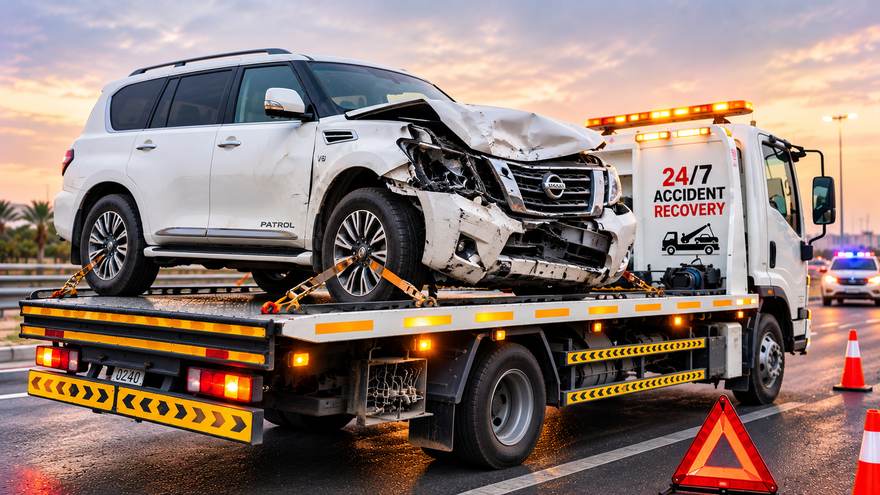 Accident recovery in Sharjah | Fast Recovery Services Damaged SUV loaded on an accident recovery flatbed with warning triangle in Sharjah