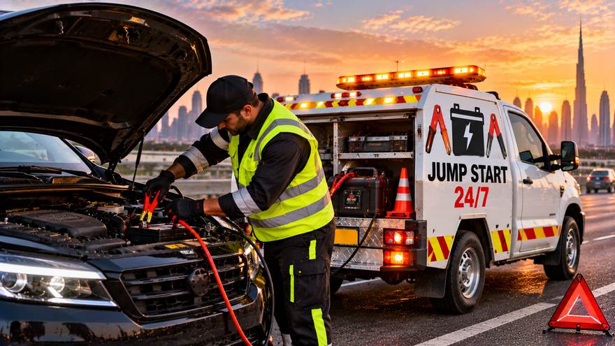 Battery jump start in Sharjah | Fast Recovery Services Technician jump starting a car battery beside a roadside service vehicle in Sharjah