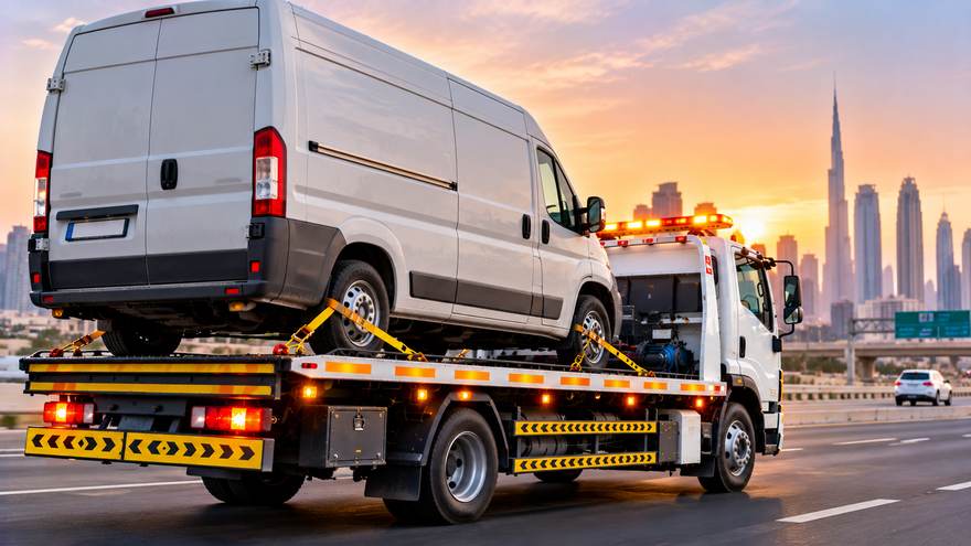 Commercial vehicle towing in Sharjah | Fast Recovery Services Commercial van secured on a flatbed tow truck in Sharjah