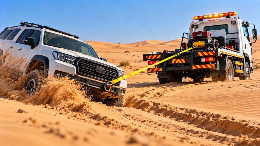 Desert and off-road recovery, winching in Sharjah | Fast Recovery Services Recovery truck winching a 4x4 out of desert sand in Sharjah