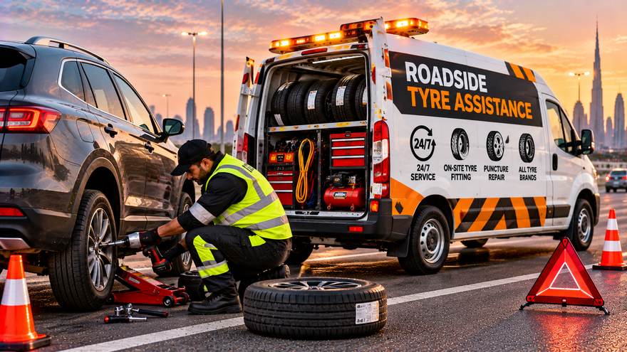 Flat tyre support in Sharjah | Fast Recovery Services Technician changing a tyre at the roadside next to a tyre service van in Sharjah