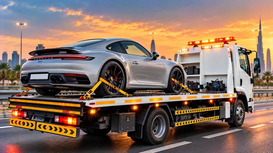 Luxury, sports and exotic car transport in Sharjah | Fast Recovery Services Silver sports car strapped on a flatbed truck with city skyline behind in Sharjah