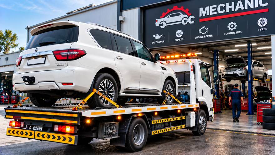 Recovery to mechanic in Sharjah | Fast Recovery Services Recovery truck arriving at a mechanic workshop with an SUV on board in Sharjah