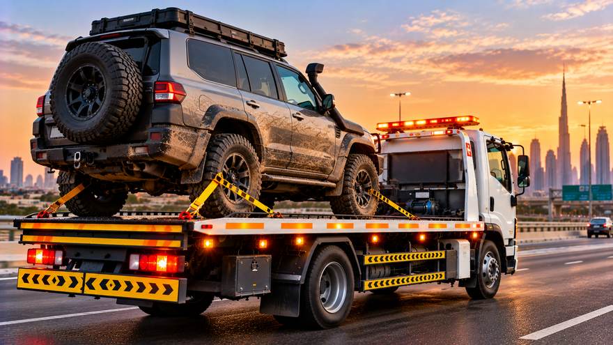 SUV and 4x4 recovery in Sharjah | Fast Recovery Services Off-road 4x4 with roof rack loaded on a flatbed recovery truck in Sharjah