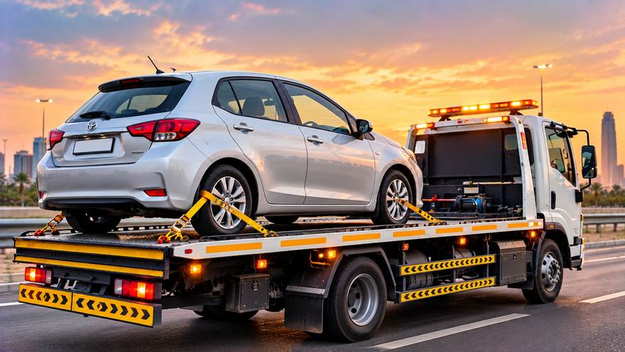 Vehicle towing service in Sharjah | Fast Recovery Services Silver hatchback strapped securely on a flatbed tow truck in Sharjah
